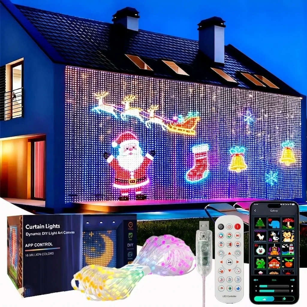 Cortina de Luz LED Inteligente com Controle por Aplicativo, RGB Regulável, Padrões DIY, Iluminação Ambiente Musical para Casa, Festas e Decoração de Natal Cortina de Luz LED Inteligente com Controle por Aplicativo, RGB Regulável, Padrões DIY, Iluminação Ambiente Musical para Casa, Festas e Decoração de Natal