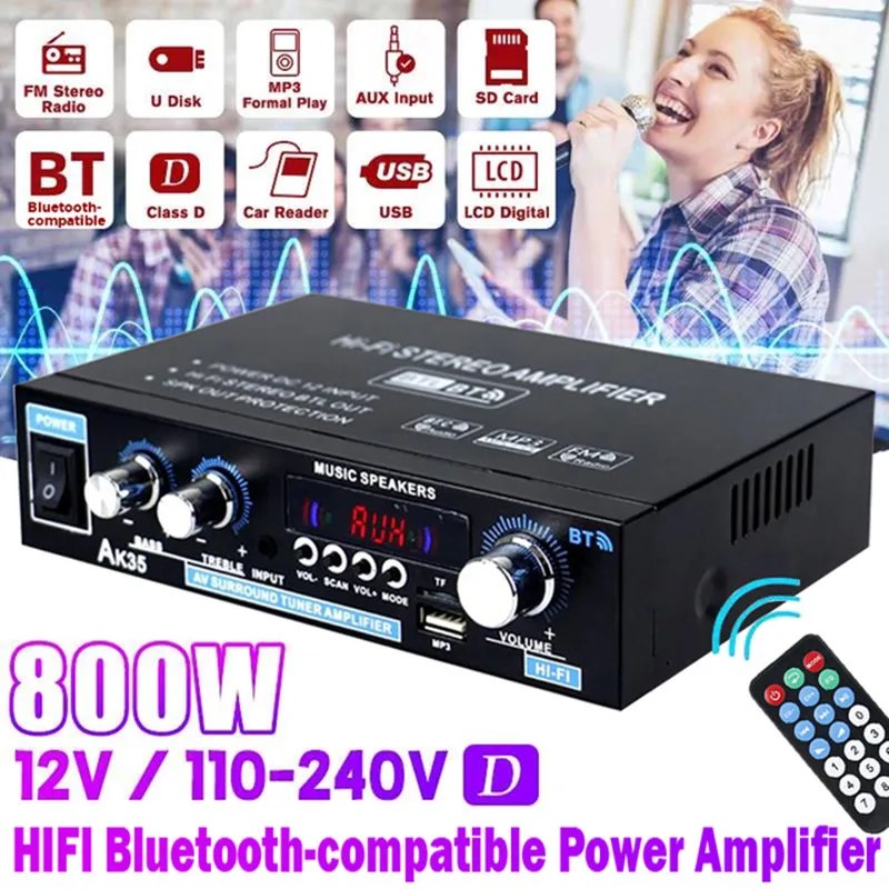 Ak35 800w amplificadores de potência domésticos 2 canais bluetooth 5.0 som surround fm usb controle remoto mini amplificador digital alta fidelidade estéreo