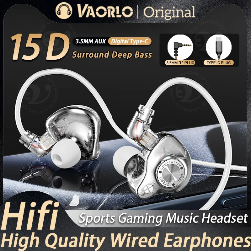 Original 15d super bass no fone de ouvido com microfone 3.5mm aux/tipo-c chip digital fone de ouvido para iphone 17 huawei xiaomi android