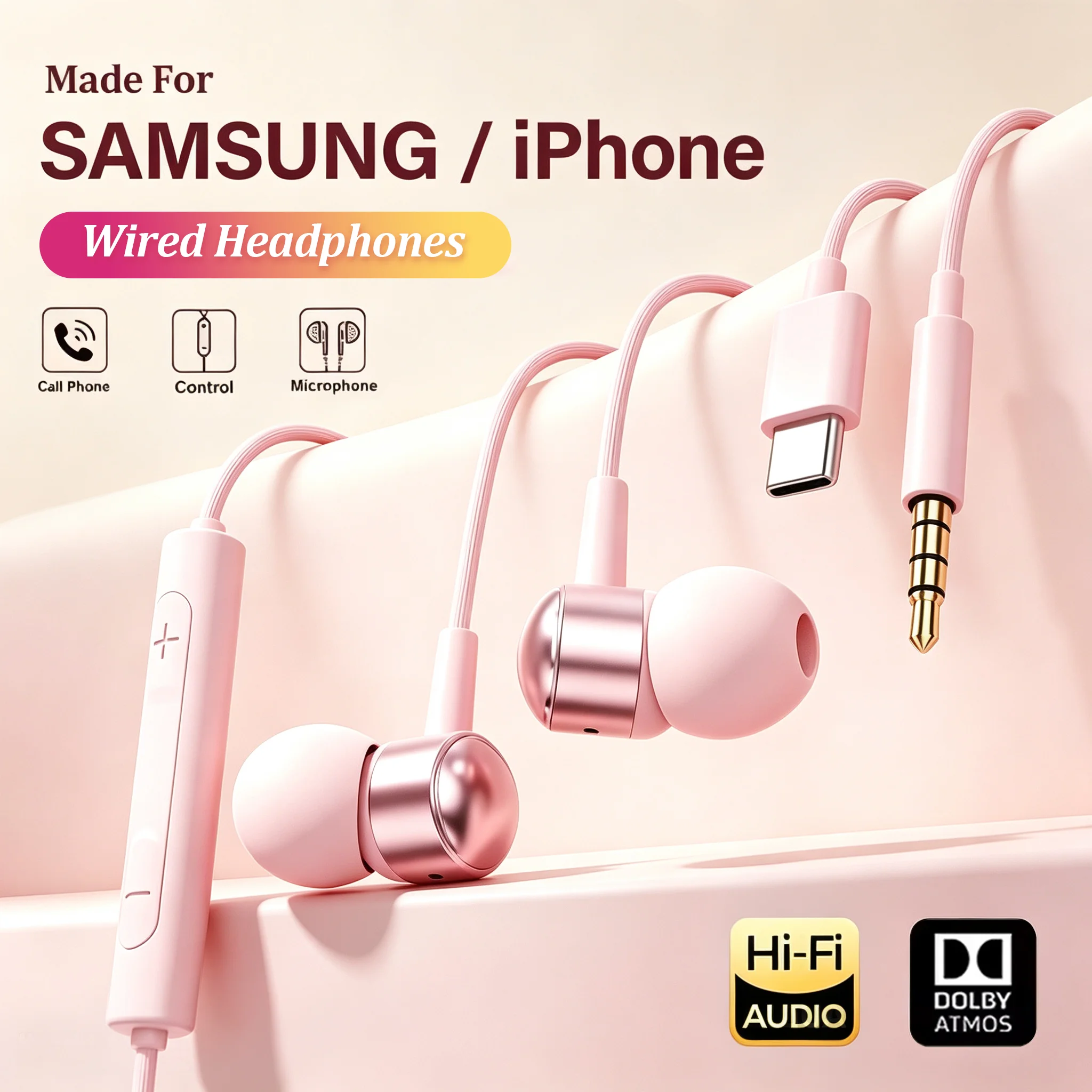 Usb c fone de ouvido alta fidelidade baixo estéreo controle volume microfone tipo c 3.5mm com fio para galaxy s25 s24 s23 ultra iphone 16 15 pro max