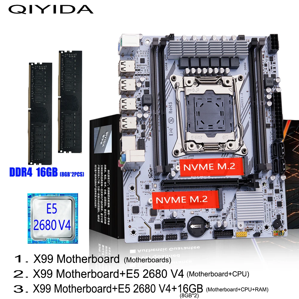 QIYIDA X99 Conjunto de placa-mãe LGA2011-3 Xeon E5 2680 V4 DDR4 16GB (2x8gb) PC4 SATA PCI16x3.0 NVME M.2 Computador para jogos