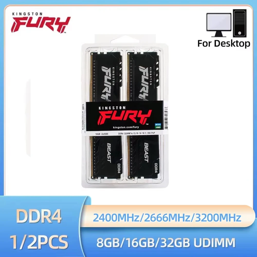 Kingston Fury Beast DDR4 4GB 8GB 16GB KIT 320MHz 2666MHz 2400MHz Memória de desktop 288Pin 1.2V PC4-19200 21300 25600 RAM para jogos
