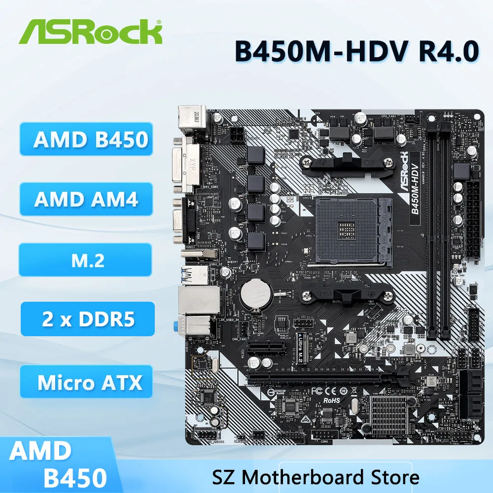 Placa-mãe ASROCK B450M-HDV R4.0, modelo B450, compatível com CPU AM4, Ryzen 5 5500, 5600G, 7 5700G, 7 3700X, memória RAM DDR4, M.2, DVI-D, formato Micro ATX.