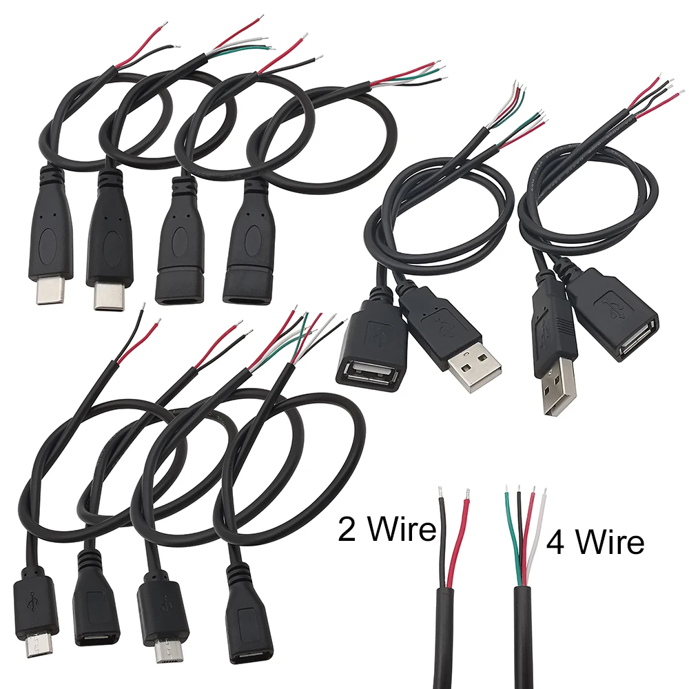 1 pçs 2pin 4pin micro usb/tipo c carregador conector usb 2.0 tipo a macho fêmea fonte de alimentação cabo extensão fio diy linha dados