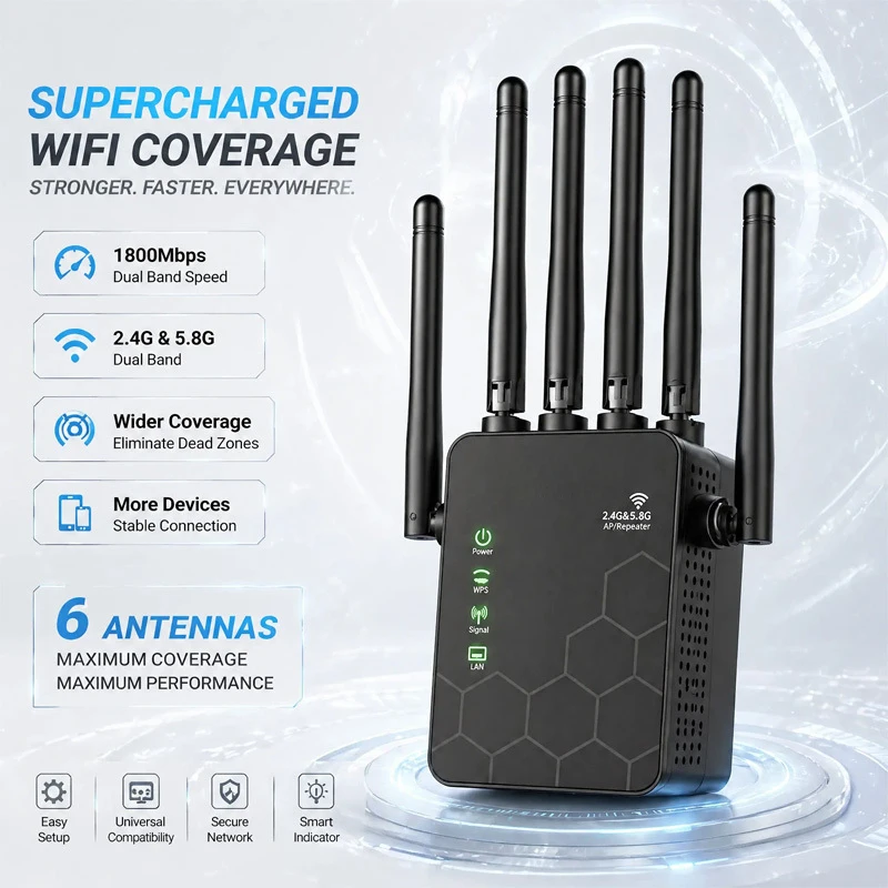 Extensor WiFi 1200Mbps Repetidor Sem Fio de Banda Dupla 5GHz e 2.4GHz Acelerador de Sinal de Alta Velocidade para Acesso Rápido à Internet em Casa