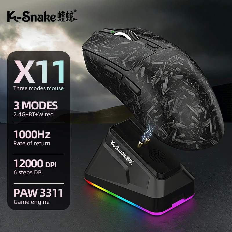 Mouse Gamer Sem Fio Bluetooth X11 Tri-mode para E-sports, Laptop/Computador de Mesa PAW311 Leve com Base de Carregamento Magnética