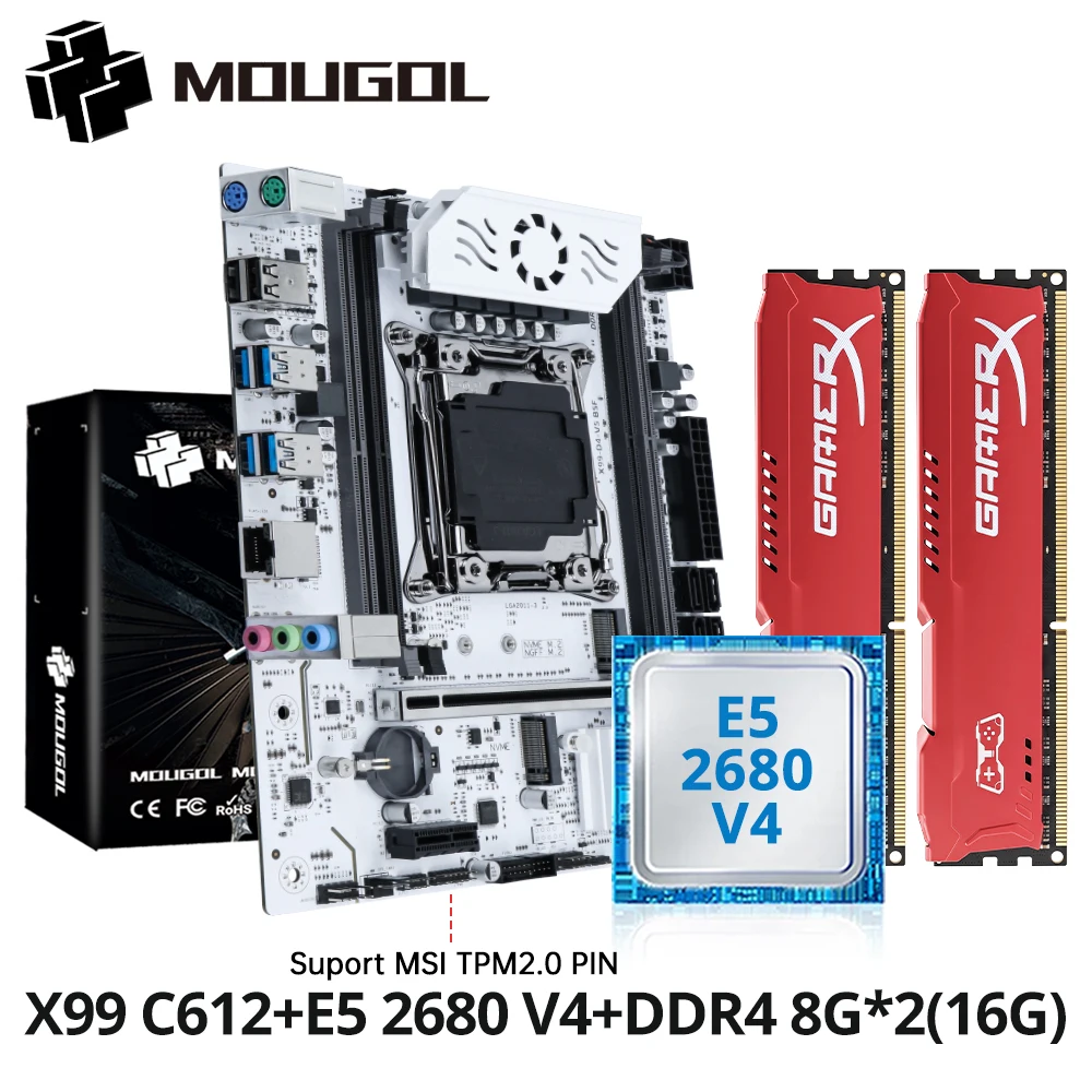 Kit de placa-mãe MOUGOL X99 Chip C612 com CPU E5 2680 V4 e DDR4 16G (2*8G) 2133MHz Memória NVME PCIE3.0 SATA3.0 para host de desktop Kit de placa-mãe MOUGOL X99 Chip C612 com CPU E5 2680 V4 e DDR4 16G (2*8G) 2133MHz Memória NVME PCIE3.0 SATA3.0 para host de desktop