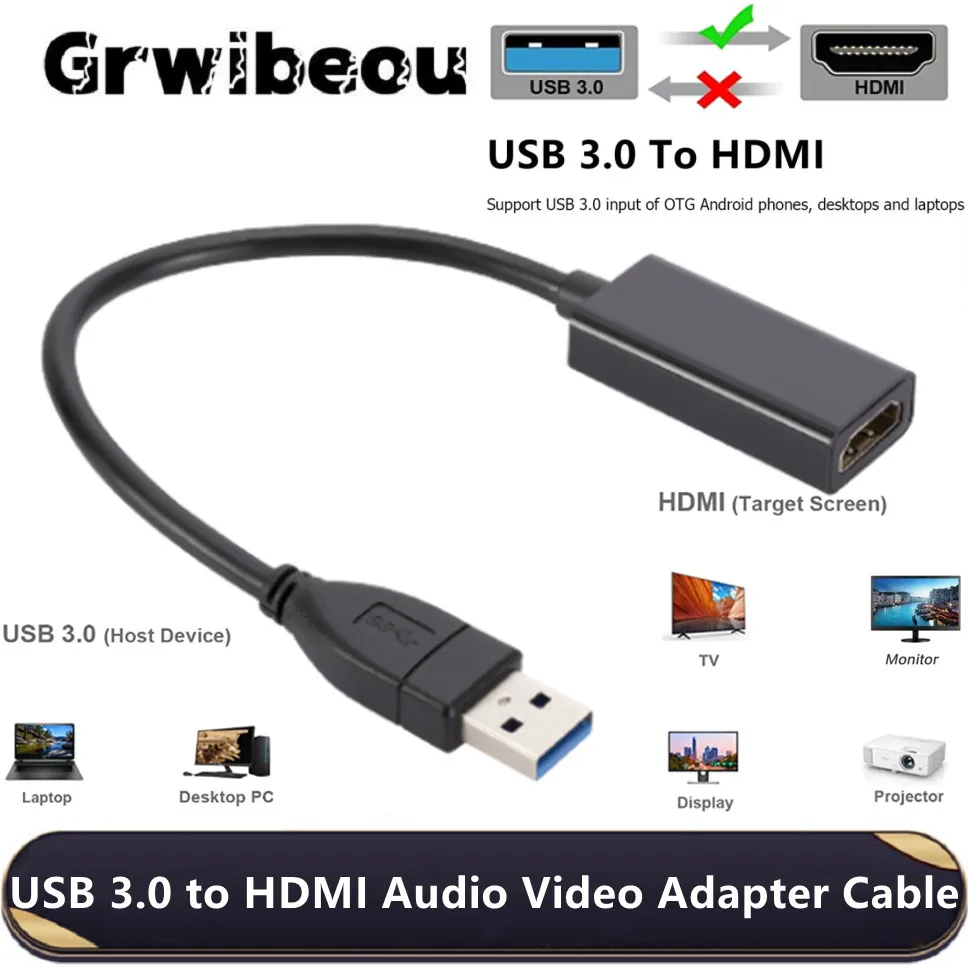 Conversor usb 3.0 para hdmi, 1080p, usb macho para hdmi fêmea, cabo adaptador de placa de vídeo gráfica externa para pc, laptop, hdtv