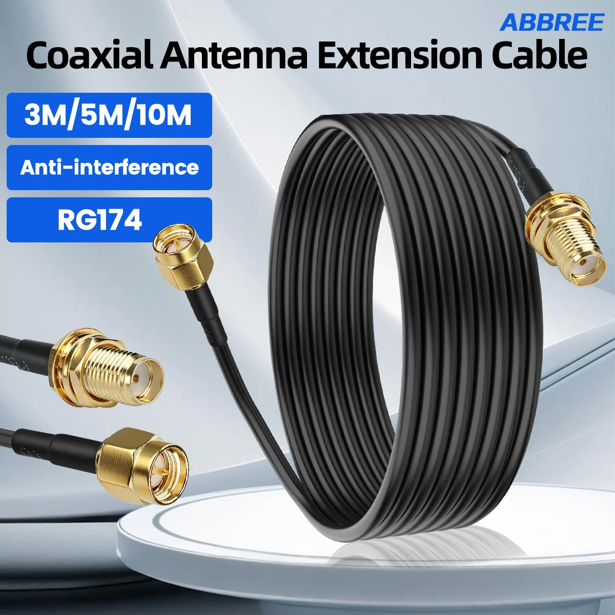 Cabo de Extensão Coaxial ABBREE SMA Macho para Fêmea RG174 3M 5M 10M Antena WiFi RF Coaxial Pigtail para Roteador Placa de Rede