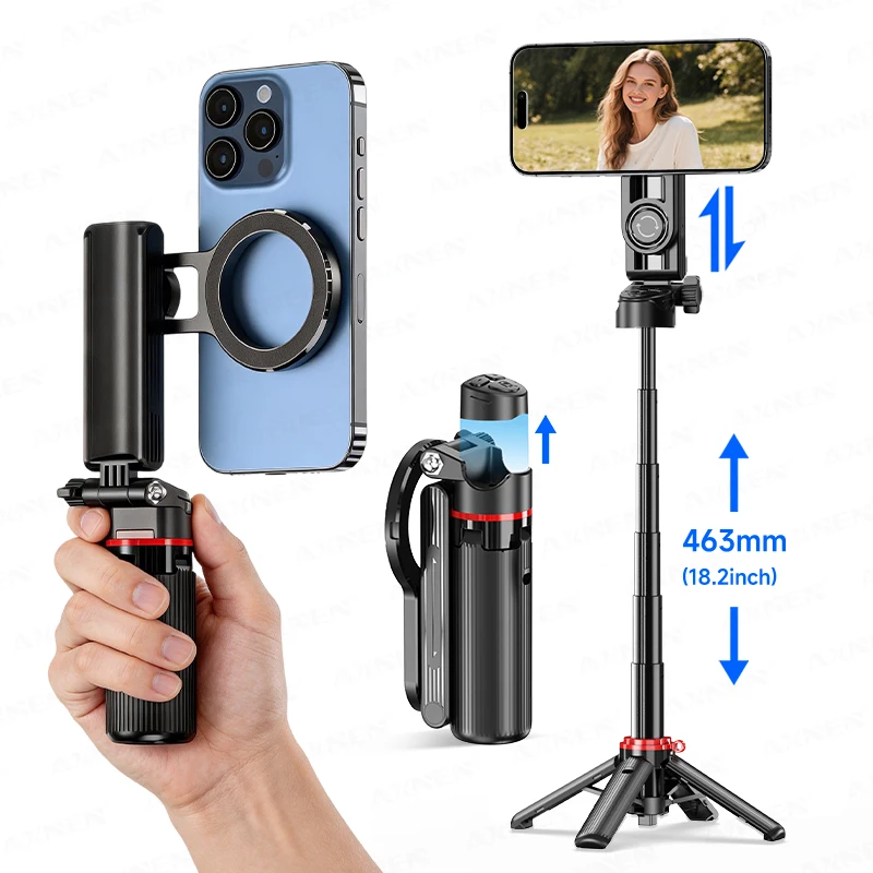 Mini Tripé Magnético para Celular com Bastão Extensível, Controle Remoto Sem Fio, Opção de Luz de Preenchimento, para Gravação de Vlog com Smartphone