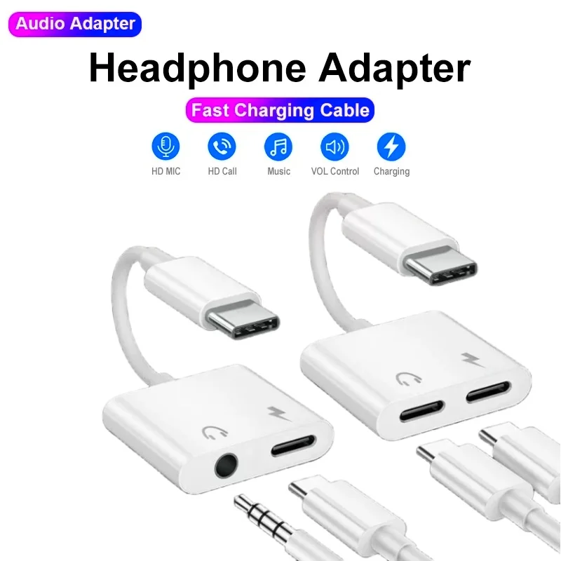 Adaptador de áudio 2 em 1, usb c para 3 5mm jack tipo-c, cabo aux de carregamento de 3.5mm para samsung, xiaomi, huawei, conector de fones de ouvido com fio Adaptador de áudio 2 em 1, usb c para 3 5mm jack tipo-c, cabo aux de carregamento de 3.5mm para samsung, xiaomi, huawei, conector de fones de ouvido com fio