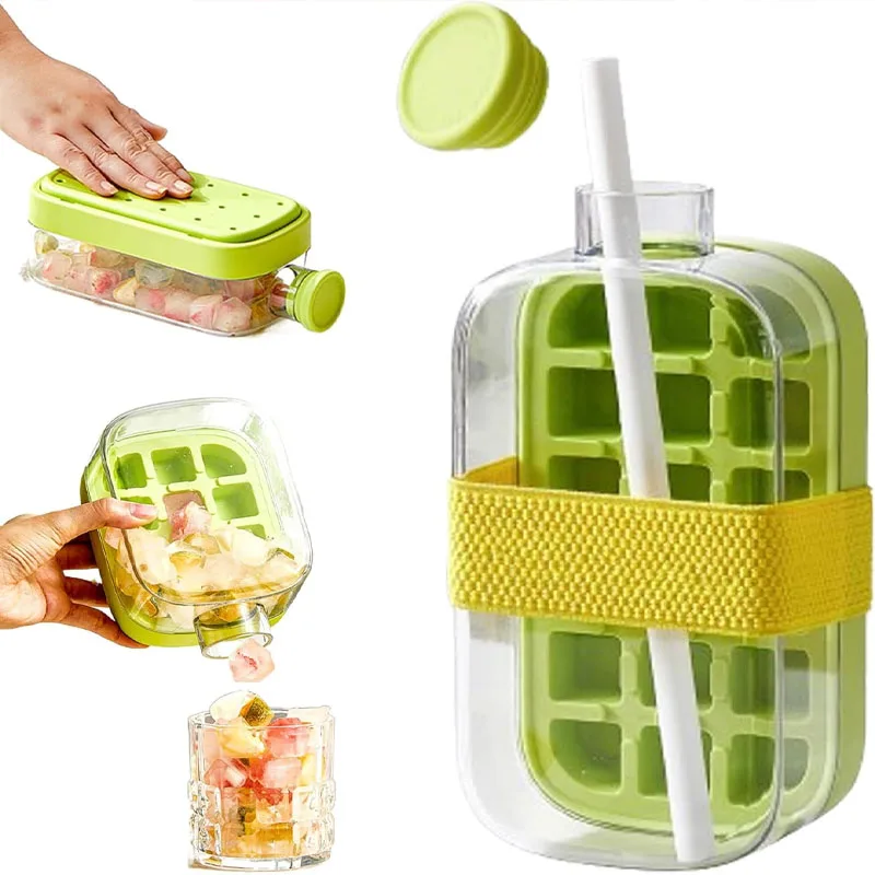 Copo Refrigerador 2 em 1 com Molde de Gelo e Tampa, Dispensador de Gelo Sem Toque para Whisky e Coquetéis, Reutilizável e Portátil