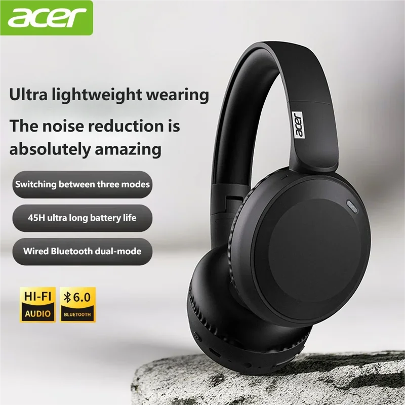 Acer OHR205 Auscultadores Bluetooth 6.0 Sem Fio Dobráveis Over-Ear Drivers 40mm Multiponto Estéreo Hi-Fi Microfone Cancelamento Ruído Bateria Longa Duração Confortáveis Casa Escritório Viagem