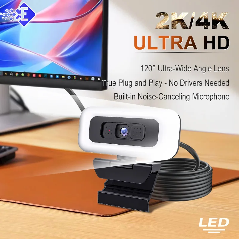 Portátil full hd 2k 4k webcam pc portátil foco automático webcam streaming ao vivo flexível com microfone transmissão ao vivo com luz
