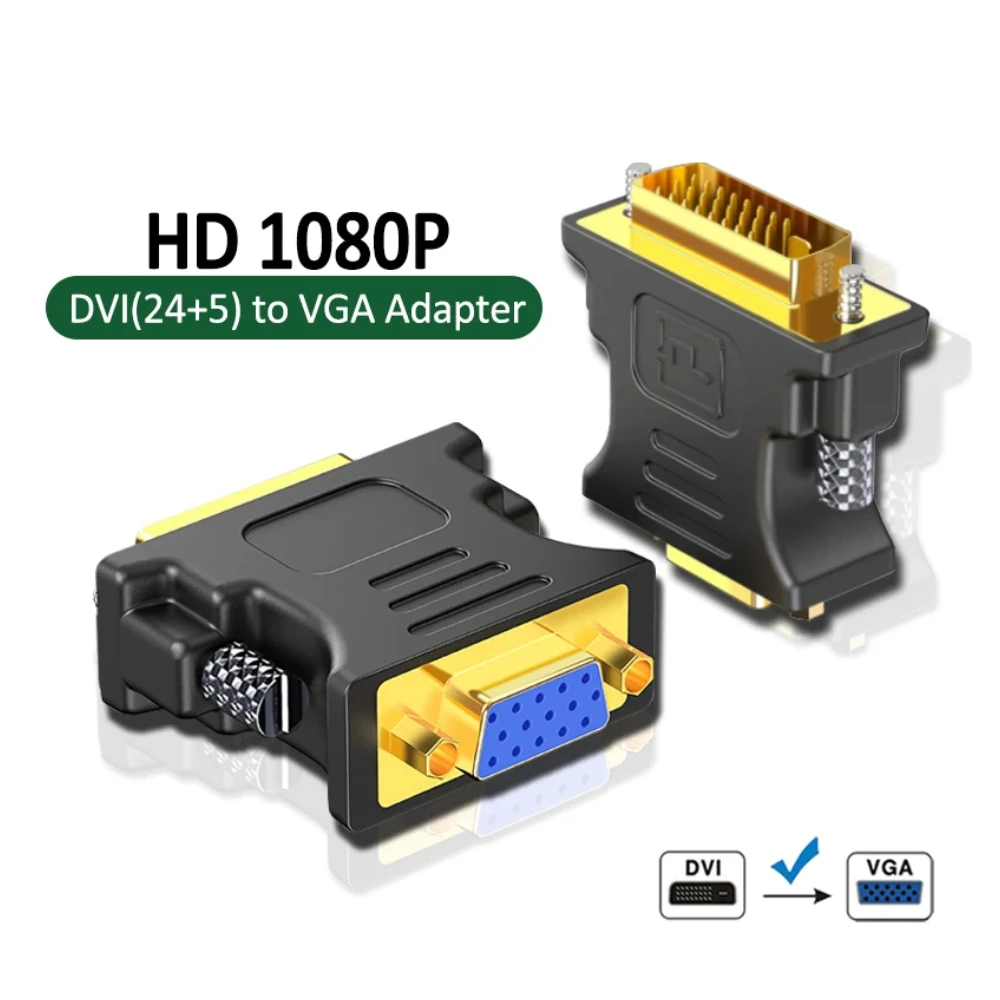 Adaptador DVI para VGA, Conversor de Placa Gráfica de Vídeo 1080P, DVI-I Macho 24+5 Pinos para VGA Fêmea para HDTV, PC e Projetor