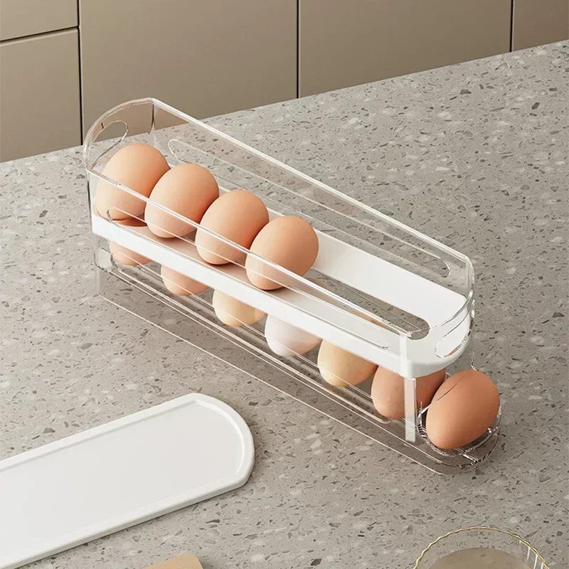 Caixa de Armazenamento de Ovos de 4 Camadas, Estilo Escada, Suporte Automático para Ovos, Organizador de Ovos para Geladeira, Dispensador de Ovos em Duas Camadas