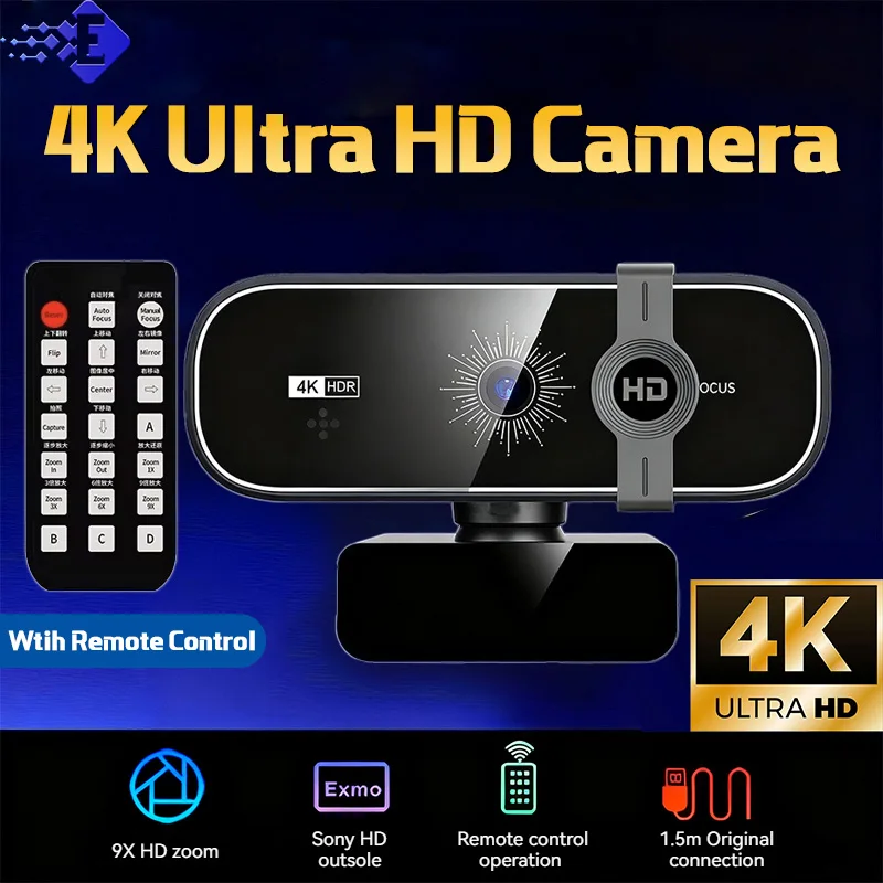 Webcam 4K para PC com foco automático e controle remoto, capa de privacidade, webcam com microfone, plug & play para laptop/desktop, videochamada