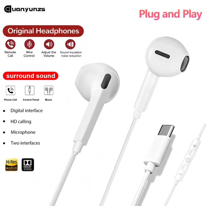 Fones de Ouvido Originais com Fio Tipo C para iPhone 17 Pro Max 16 15, Fone de Ouvido USB C com Microfone, Hi-Fi Estéreo, Fones de Ouvido Esportivos para Música