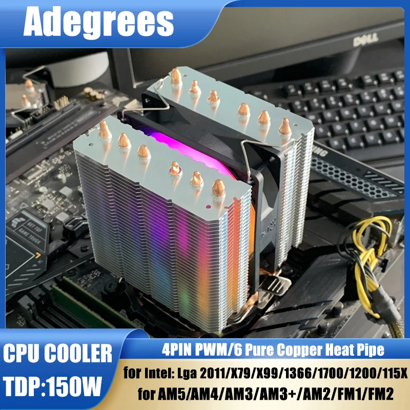 Cooler de CPU RGB X99 com 6 Tubos de Calor, Radiador para Processadores Intel LGA 1700, 1200, 1150, 1151, 1155, 2011, X79, 1366, AM5, AM4, AM3