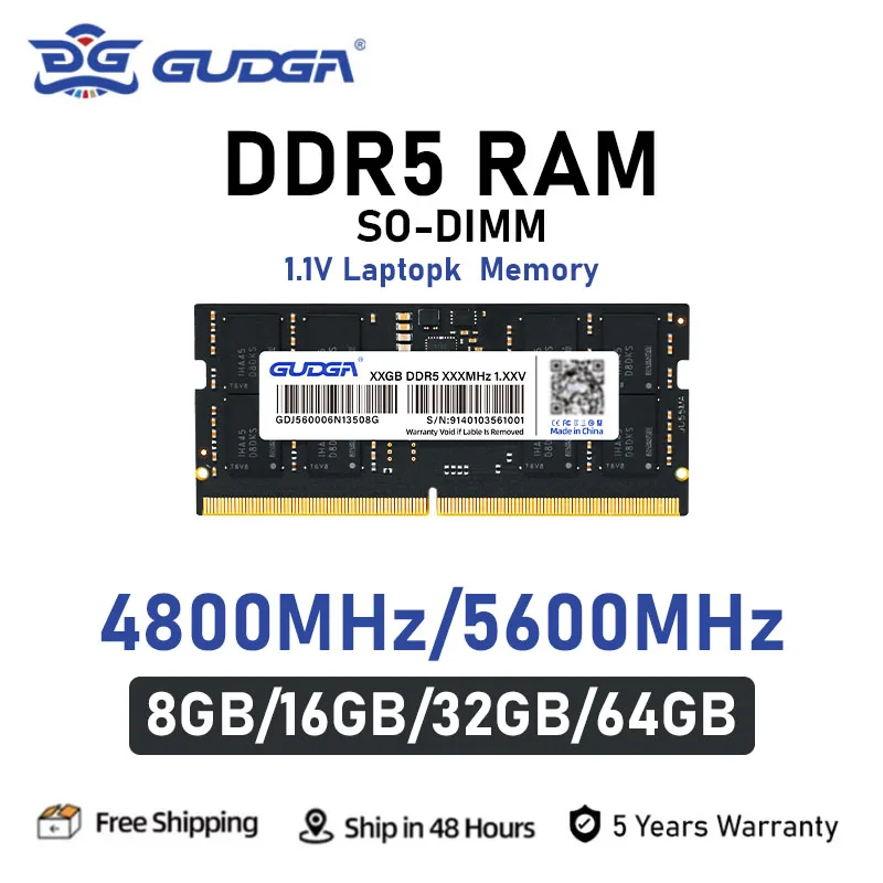 Memória GUDGA RAM DDR5 8GB 16GB 32GB 4800MHz 5600MHz 1.1V DDR5 para Notebook e Laptop, Memória DDR5 SODIMM RAM MiniPC Pronta para Atacado