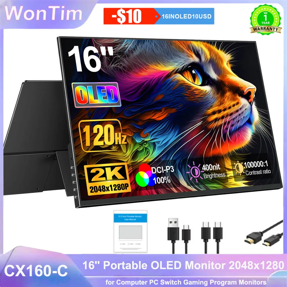 Monitor Portátil WonTim 16.0' 2K OLED 500Nits 120Hz UHD DCI-P3 Tela Externa 149% SRGB USB C HDMI Para Telefone, Laptop, Mini PC, PS4