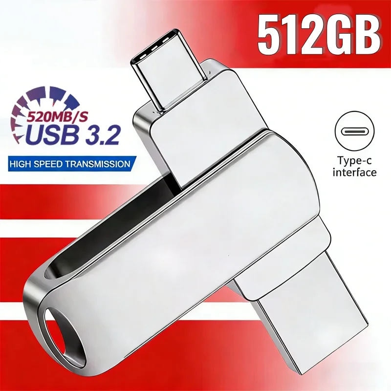Pen Drive USB 3.2 de 512GB 520MB/s Alta Velocidade 2 em 1 Tipo C OTG à Prova d'Água Grande Armazenamento para Telefone Computador PC