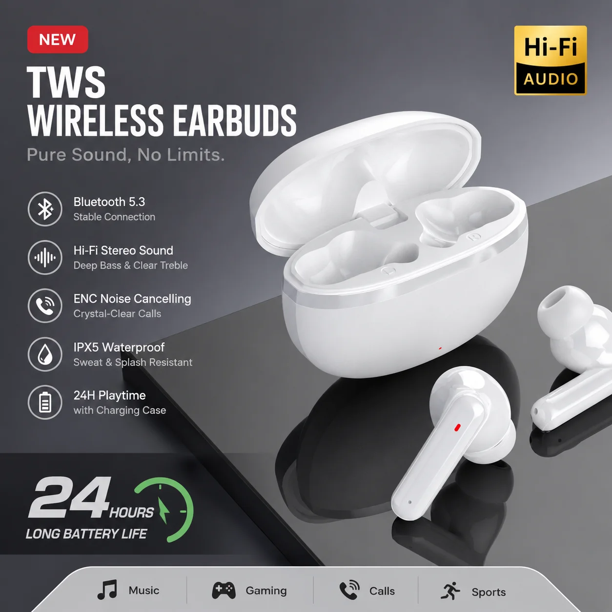 Fones de Ouvido Bluetooth KaiAqua G51 com Baixa Latência, Controle por Toque, Chamadas em HD, Headset Sem Fio à Prova d'Água para Academia, Treino, Deslocamento e Jogos, Novo