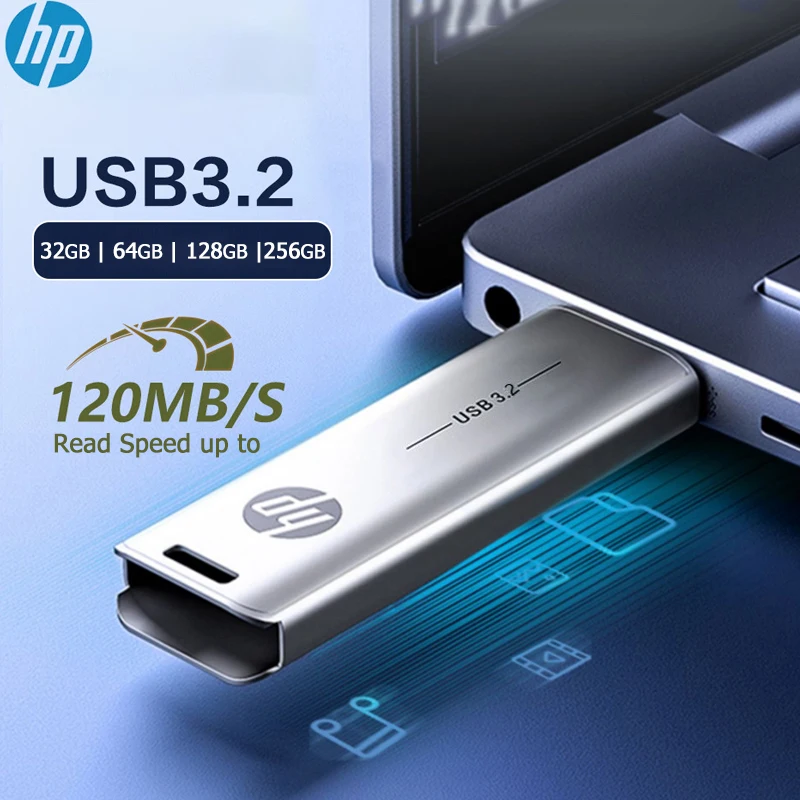 Pen Drive USB 3.2 HP X796W 32GB 64GB 128GB 256GB Retrátil de Metal Alta Velocidade para PC e Música no Carro