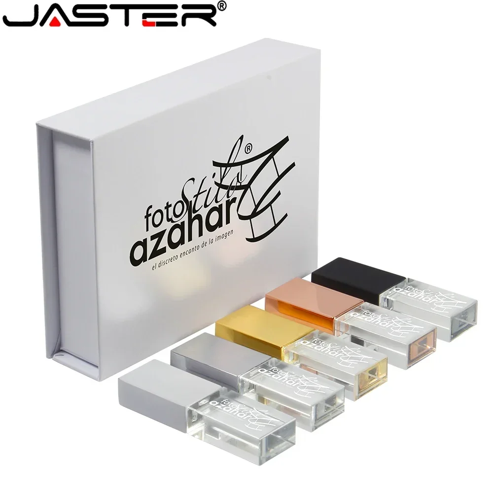 Jaster cristal pen drive 128gb com caixa usb flash drive 64gb logotipo personalizado gratuito memória vara 32gb bonito u disco 16gb presente de casamento