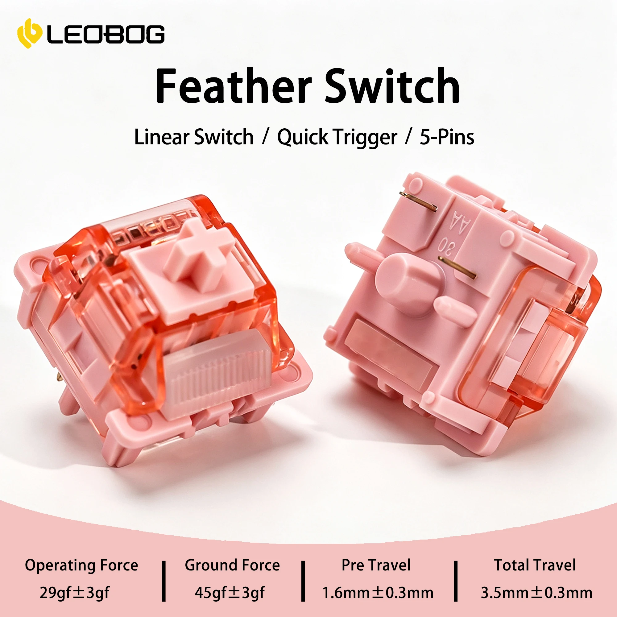 Interruptores Silenciosos LEOBOG Feather 29gf 5-Pinos Lineares Creamy para Teclado Mecânico Gamer DIY 60% com Keycaps MX e Haste POM