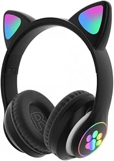 Fone de Ouvido Infantil Bluetooth Ajustável com Orelhas de Gato, Luz LED, Confortável e Dobrável, Limite de Volume Seguro para Crianças, Headset Kids para Celular/Tablet/PC (Preto)