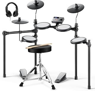 Donner Conjunto de bateria elétrica DED-70, kit de bateria eletrônica para iniciantes com 150 sons, 4 pads de malha silenciosos, pratos de 23 cm, USB MIDI, carregamento tipo C, 2 pedais, trono, fones