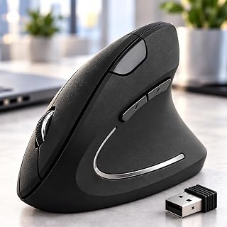 Mouse Vertical Ergonômico Sem Fio 2.4GHz USB 1600 DPI 6 Botões Preto