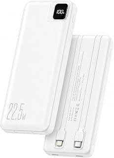 Power Bank 10000mAh Carregamento Rápido até 22.5W Cabos Integrados, Carregador Portátil Universal com Display LED, USB-A e USB-C para Celular, Tablet e Viagens
