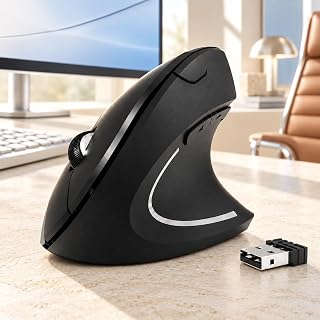 Mouse Vertical Ergonômico Sem Fio 2,4 GHz, 1600 DPI, 6 Botões, Receptor USB-A para PC e Notebook, Preto