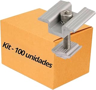 Kit 100 Fixadores Intermediários para Painel Solar Fotovoltaico em Alumínio e Aço Inox 304 com Grampo, Mini Junção, Parafuso Sextavado MA 8x40 e Arruela de Pressão