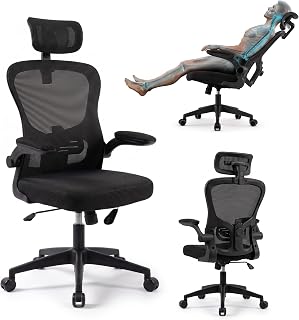 Cadeira de Escritório Ergonômica Giratória Reclinável com Apoio de Cabeça Ajustável, Suporte Lombar, Braços Rebatíveis, Mesh Preta, Espuma de Alta Densidade