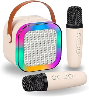 K12 Caixa de Som Karaokê Bluetooth LED com 2 Microfones Sem Fio, Bege
