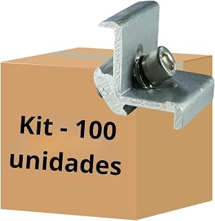 Kit 100 Grampos Finais para Painel Solar Fotovoltaico em Alumínio e Inox 304 com Mini Junção, Parafuso Sextavado MA 8x40 e Arruela de Pressão para Trilho de Montagem Solar