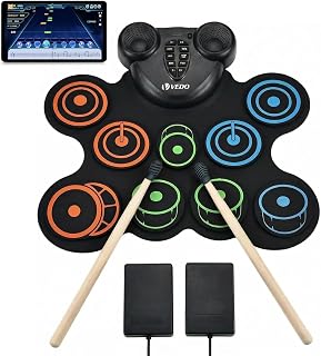 VEDO Bateria Eletrônica Infantil 10 Pads com Saída para Fone de Ouvido, Alto-Falantes Duplos, Pedais e Baquetas Inclusos, Suporte a MIDI– Preto