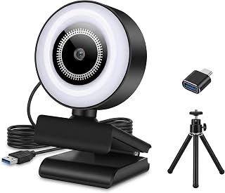 Mini webcam HD 1080p com luz de preenchimento de 3 cores, lente grande angular, microfone e tripé com cancelamento de ruído, adaptador USB C incluído para laptop, desktop, zoom, Skype