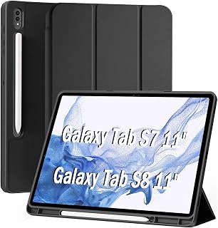 Capa Tablet para Samsung Galaxy Tab S8 / S7 11 Polegadas 2022/2020 Capinha com Compartimento para Caneta Stylus Três Dobras Traseira em TPU Macio Função de Ativação/Suspensão Automática - Preto