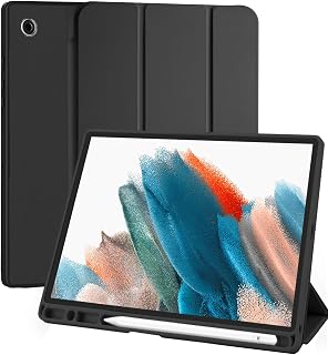 Capa Tablet para Samsung Galaxy Tab A8 10.5 Polegadas 2022/2021 Case com Compartimento para Caneta Stylus Três Dobras Capinha Traseira em TPU Macio Função de Ativação/Suspensão Automática - Preto