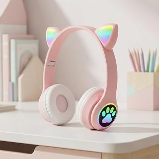 Fone de Ouvido Bluetooth Infantil Orelha Gato LED RGB Dobrável (ROSA)