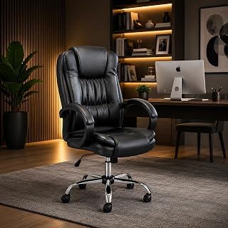 Cadeira Presidente Ergonômica Reclinável Giratória 360° com Apoio Lombar, Apoio de Cabeça e Braços Ajustáveis, Estofado em Couro Sintético para Escritório e Home Office
