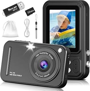 Câmera digital para crianças, câmeras digitais 48MP FHD 1080p Point and Shoot com zoom de 16X, câmeras compactas portáteis para fotografia, para meninos meninas adolescentes iniciantes - preto