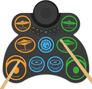 VEDO Kit de almofadas de bateria eletrônica: bateria eletrônica portátil com 9 pads, alto-falantes duplos, conexão MIDI para jogos, 4 horas de autonomia – presente ideal para iniciantes.