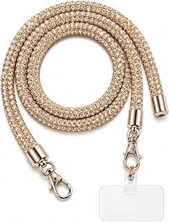 Cordão para Celular com Strass Champagne, Alça de Pescoço Universal para Smartphone, Cordão Transversal Brilhante com Adaptador para Capinha e Mosquetões