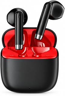 Fone de Ouvido Bluetooth TWS Sem Fio com Microfone, Estojo de Carregamento USB-C, Earbuds Ergonômicos Compactos para Música, Chamadas, Trabalho, Estudos e Academia – Preto e Vermelho