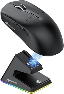 ATTACK SHARK X6 Mouse 49g SUPERLIGHT com dock de carregamento magnético, sensor de jogos PixArt PAW3395, mouse para jogos sem fio/com fio BT/2.4G, 26000 DPI, HUANO Switch, para Win11/Xbox/Mac(preto)